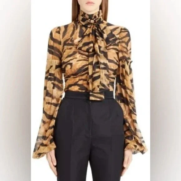 Dolce & Gabbana Sheer Silk Tiger-Print Bow Chiffon Blouse (Size Approx S) RARE - Picture 1 of 11